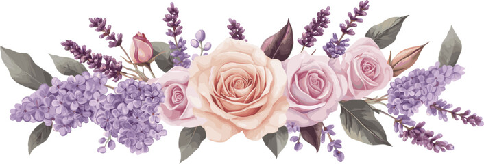 Floral arrangement of roses, lilacs and lavender flowers. Vector design illustration for Decoration