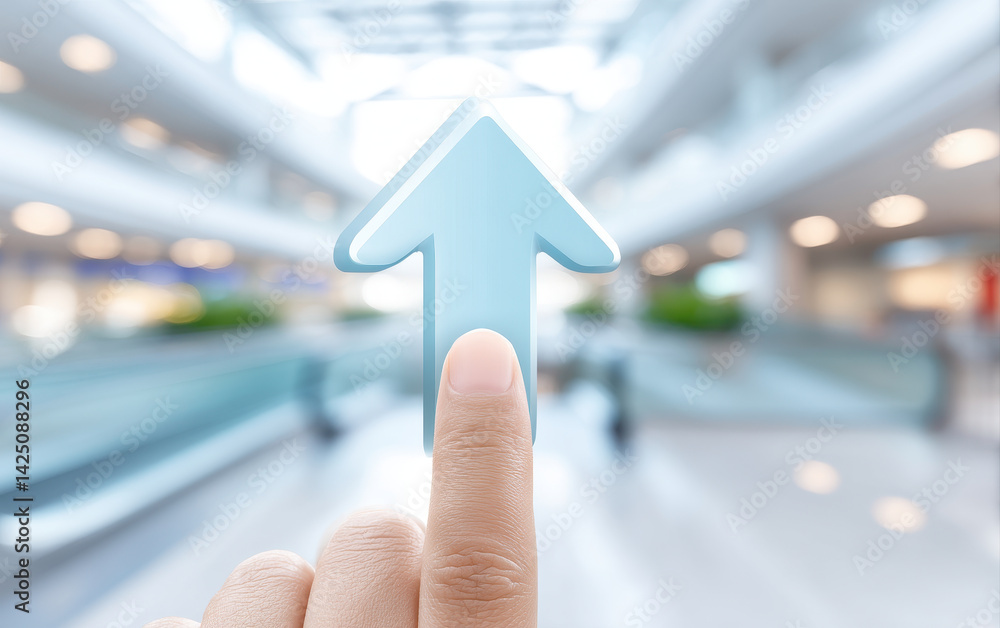 Aufkleber light blue arrow pointing up with finger in motion blur, symbolizing growth and progress in modern e
