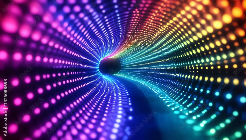 Poster abstract light tunnel with colorful glowing dots for technology backgrounds