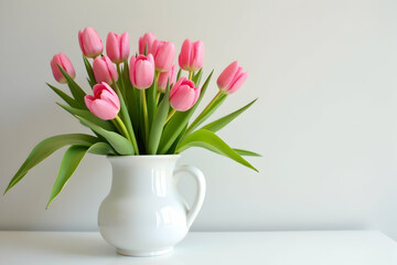 Obraz premium Elegant Arrangement, Pink Tulips in a White Vase, Evoking Springtime Beauty and Serenity with a Touch of Minimalist Charm and Floral Freshness