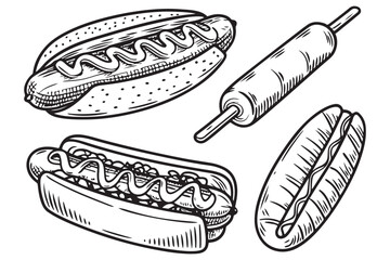Hand Drawn Hot Dog and Burger Art, Retro Fast Food Ink Sketches, Vintage Style Snack Illustrations