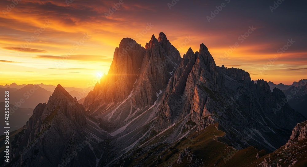Poster the sun is setting behind a mountain range