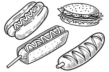 Hand Drawn Hot Dog and Burger Art, Retro Fast Food Ink Sketches, Vintage Style Snack Illustrations
