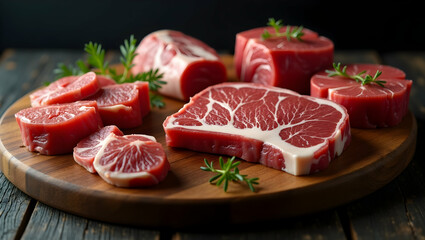 Elegant assortment of fresh meat cuts arranged in a butcher-style layout presented with culinary precision and artistic flair offering a captivating visual narrative