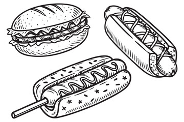 Hand Drawn Hot Dog and Burger Art, Retro Fast Food Ink Sketches, Vintage Style Snack Illustrations