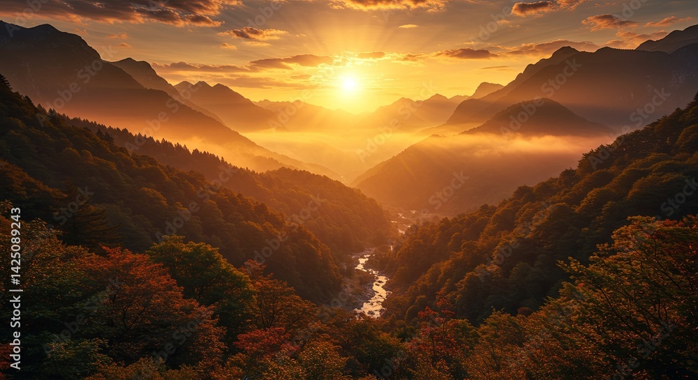 Poster A beautiful mountain range with a river running through it