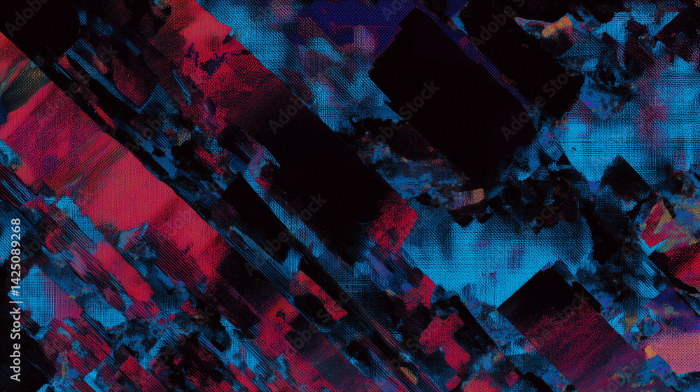 Poster a vibrant digital canvas explodes with crimson and azure energy, a dynamic interplay of sharp angles
