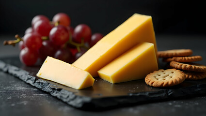 Elegant Cheese Presentation, Wedges with Grapes and Crackers on a Stylish Slate Serving Tray for Gourmet Delights and Appetizing Visuals