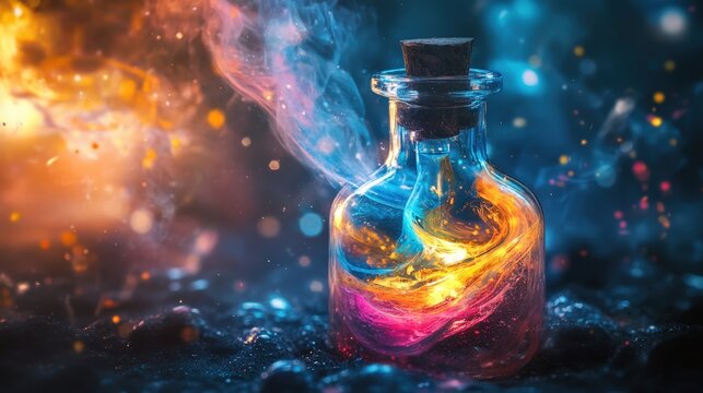 Enchanting elixir in a glass bottle, swirling with vibrant colors.