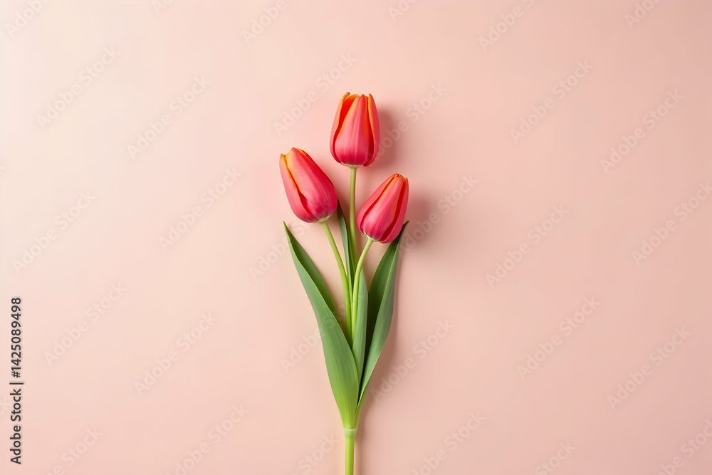 Poster elegant composition of three vibrant tulips on soft pink surface, presenting harmony, serenity and s