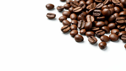 Naklejka premium Elegant close-up of roasted coffee beans scattered on a pristine white surface, perfect for showcasing product or creating a minimalist coffee-themed aesthetic