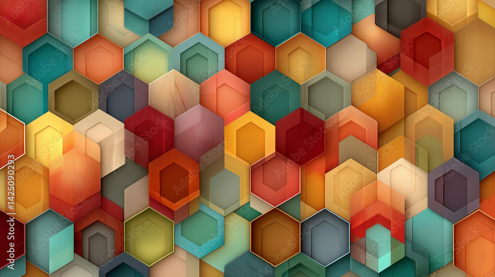 Poster a vibrant mosaic of richly textured hexagons, creating a captivating and dynamic interplay of warm a