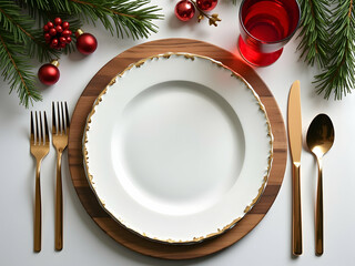 Elegant Festive Holiday Table Setting with Empty Plate Area for Customizable Culinary Creations and Celebratory Meal Presentations during the Season