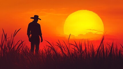 Serene Cowboy Silhouette at Sunset in a Tranquil Grassland, may day illustration, may day
