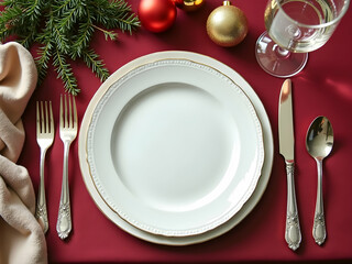 Elegant festive holiday table setting, featuring empty plates, silverware, christmas ornaments, and evergreen branches arranged beautifully on a red surface