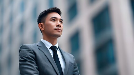 Confident Businessman in Suit Standing Near Modern Urban Building