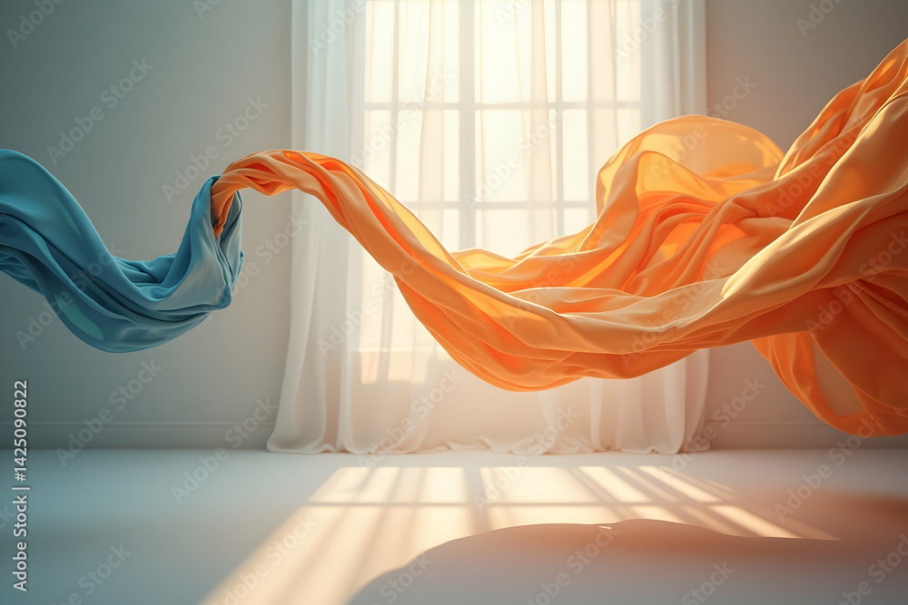 Poster elegant flowing fabric art installation with dynamic light and shadows creating a serene and modern 