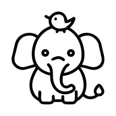Fototapeta premium Sad Baby Elephant with Bird - Jungle Animal Cartoon