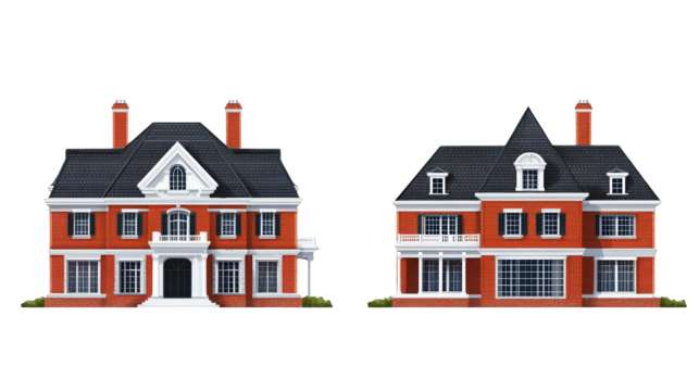 Illustration Of Two Brick Houses With Detailed Architectural Elements