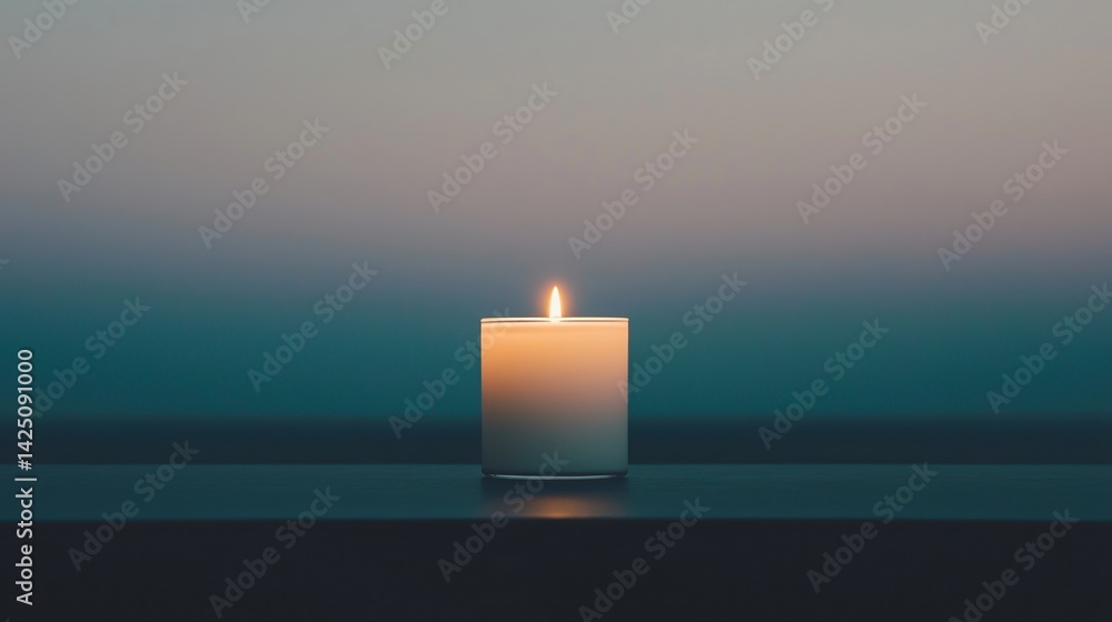 Poster a lit candle stands alone against a softly fading gradient background, creating a serene and calming