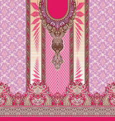 A vibrant textile design featuring intricate patterns in pink, gold, and cream, embellished with ornate motifs and floral accents.