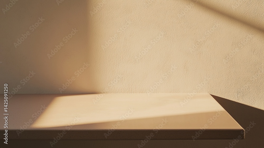Poster a minimalist interior scene showcasing a smooth tabletop and textured wall, illuminated by soft natu