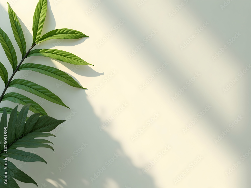 Poster elegant minimalist backdrop featuring softly focused green leaf shadows and diffused light edges on 