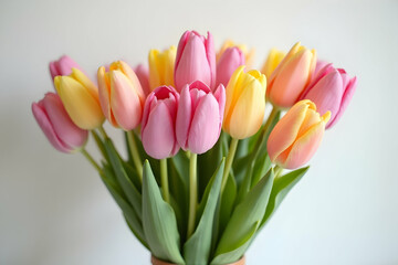 Fototapeta premium Elegant Pastel Tulips Bouquet, A Floral Symphony of Soft Hues and Graceful Form, Perfectly Styled for a Modern Aesthetic with Subtle Ribbon Accent