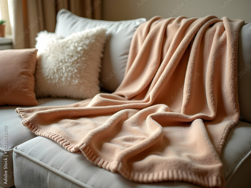 Aufkleber elegant plush blanket drape on a modern sofa, soft textures and subtle sheen creating an inviting, c
