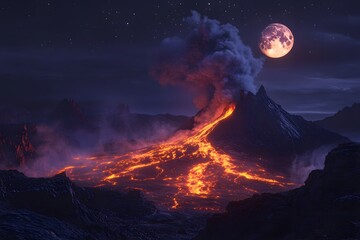 Volcano erupting at night with lava flowing down the mountain and a full moon in the dark sky above