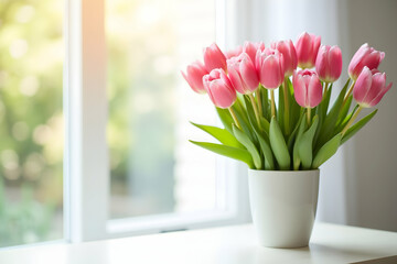 Elegant pink tulip bouquet in a white vase basking in soft natural light, symbolizing springtime freshness and serene beauty on a bright, tranquil morning