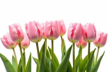 Fototapeta premium Elegant pink tulips arranged in a neat row, isolated against a bright white background, perfect for spring-themed designs and festive occasions, captivating floral display