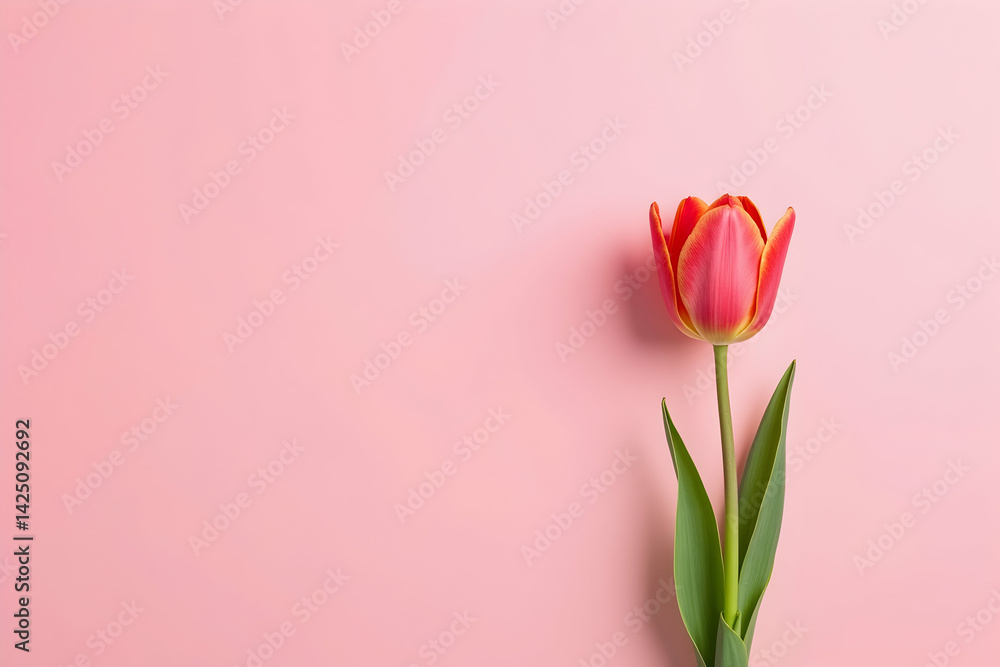 Poster elegant simplicity, a single vibrant tulip gracefully placed on a soft pink canvas creating a serene