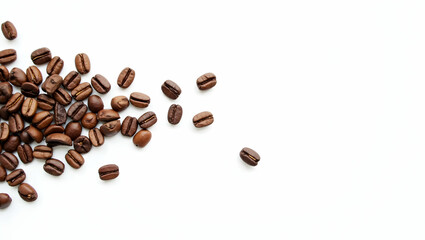 Obraz premium Elegant simplicity, A composition of freshly roasted coffee beans scattered gracefully across a pristine white surface, evoking warmth and anticipation