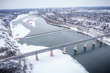Snowy river with a bridge over it
