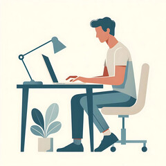Minimalist vector of a man sitting at a desk typing on a laptop, side view, white background, flat shapes, modern style