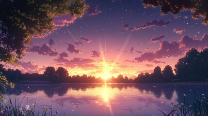 Naklejka premium Serene sunset over a tranquil lake framed by lush trees.