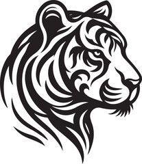Black and white stylized silhouette vector of a tiger's head with intricate details and bold lines.