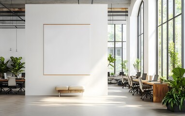 Minimalist office interior with blank wall for poster mockup and modern workspace with natural light and 3D rendering
