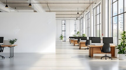 Minimalist office interior with blank wall for poster mockup and modern workspace with natural light and 3D rendering
