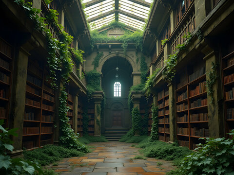 Enchanting Abandoned Library, Where Nature Reclaims Knowledge, Ivy-Covered Walls Whisper Tales of Time, and Light Streams Through the Overgrown Skylight - Powered by Adobe