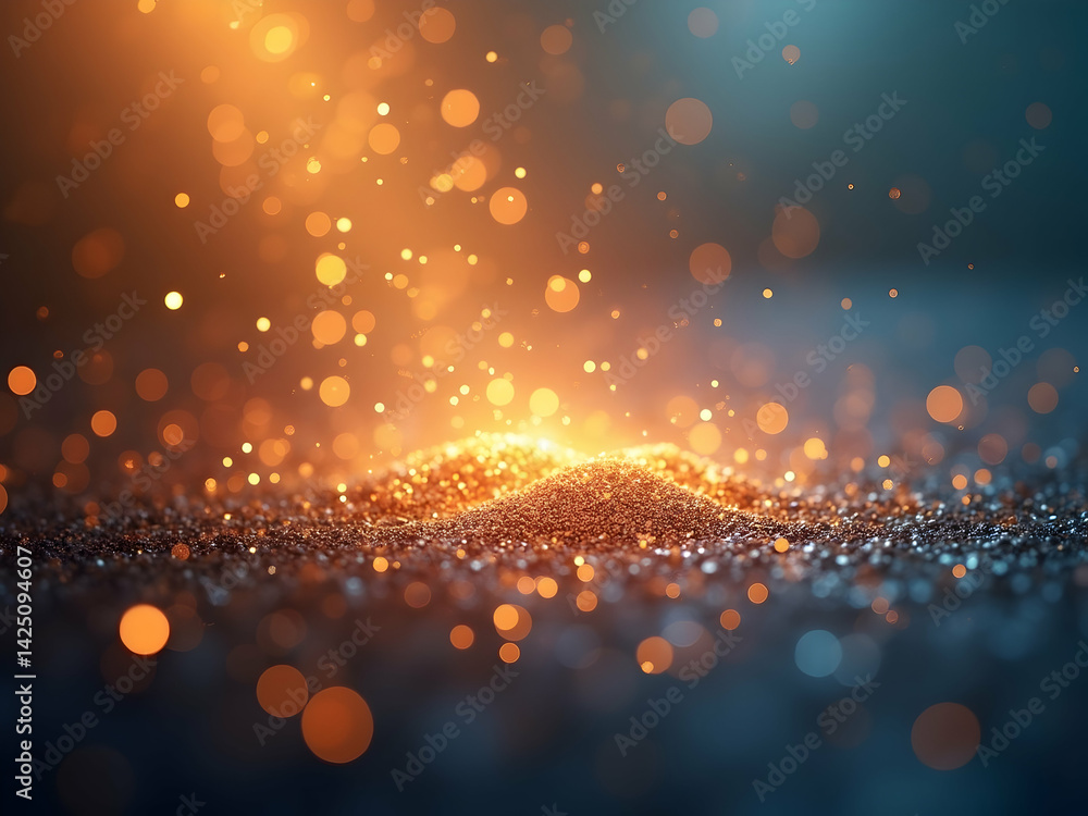 Poster enchanting cascade of luminous particles, a mesmerizing display of glowing glitter with soft, blurre