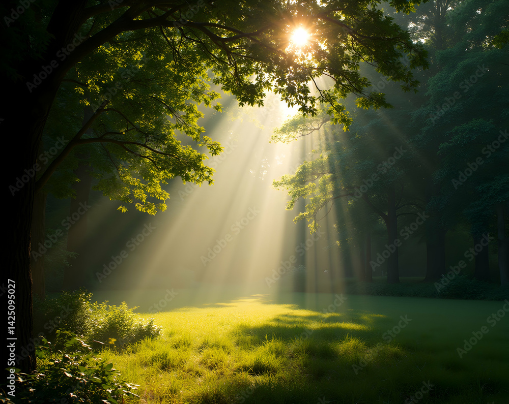Poster enchanting forest glade, sunlight streaming through trees, a captivating nature scene with dappled l