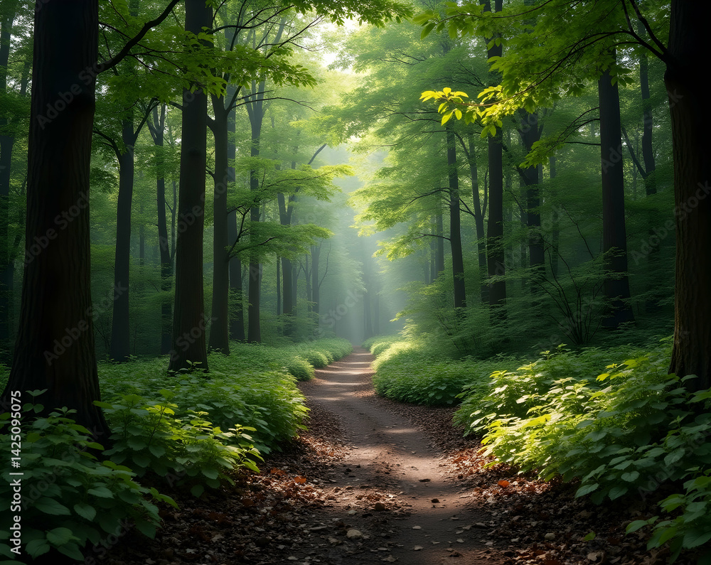 Poster enchanting forest path bathed in ethereal light with abundant negative space creating a sense of tra