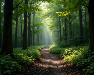 Obraz premium Enchanting forest path bathed in ethereal light with abundant negative space creating a sense of tranquility and natural wonder for a conceptual design