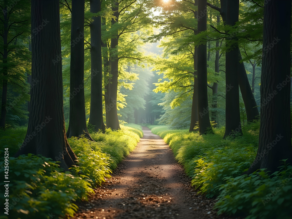 Poster enchanting forest path with sunlight streaming through the trees, inviting viewers into a serene and