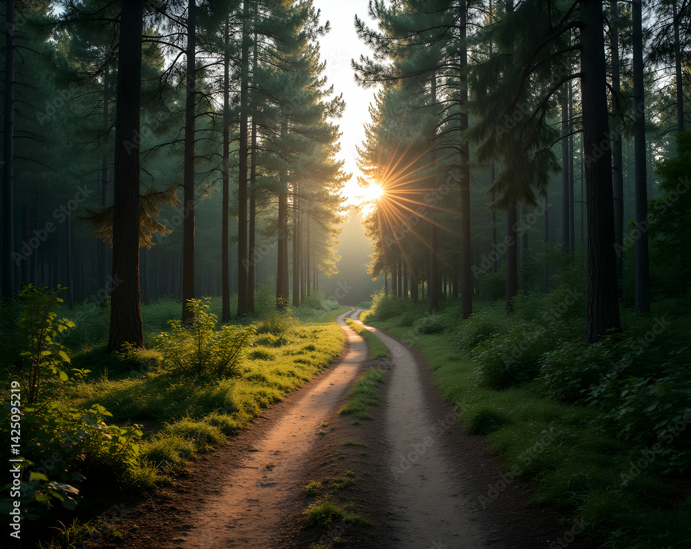 Poster enchanting forest path with sun rays filtering through towering trees creating a serene and idyllic 