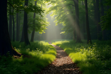 Fototapeta premium Enchanting forest path with ethereal sunlight casting a serene glow, inviting exploration and offering a tranquil escape into nature's embrace