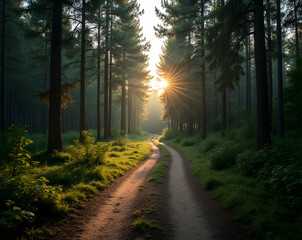 Fototapeta premium Enchanting forest path with sun rays filtering through towering trees creating a serene and idyllic scene, ideal for conveying peace and tranquility