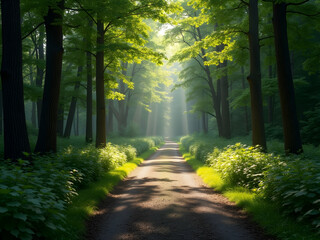 Obraz premium Enchanting forest path bathed in sunlight, a serene trail through towering trees, nature's embrace offers tranquility and escape in this idyllic woodland scene